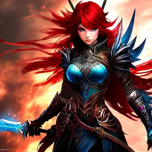 Prompt: Guild Wars 2, Epic Moment, Warrior, Female, Red Hair, 