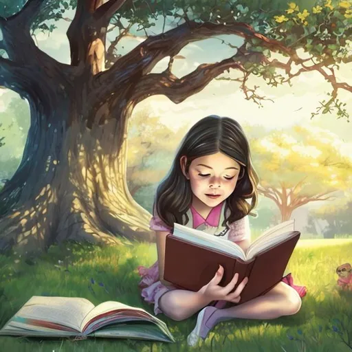 Prompt: Girl reading book under tree fantasy