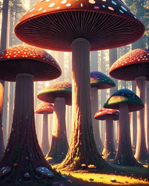 Prompt: Giant mushroom forest, arrays of crystals, (Masterpiece, top quality, best quality, official art, beautiful and aesthetic:1.2), cinematic shot, centered, Instagram able, ultra detailed, intricate, (epic composition, epic proportion), volumetric lighting, warm color, award winning, photography
