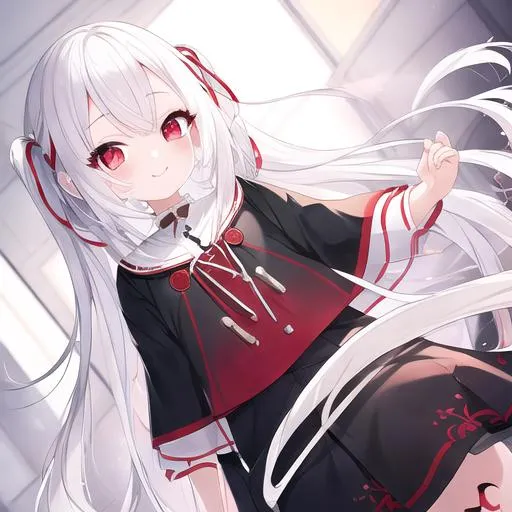 Prompt: pixiv, a 4 year old girl, white hair, deep red eyes, detailed face, waist-up shot, HDRI, masterpiece, smooth, sharp focus, illustration, tattoo_black_horizontal_lines_on_cheeks, emo, pupiles, happy, casual cloths