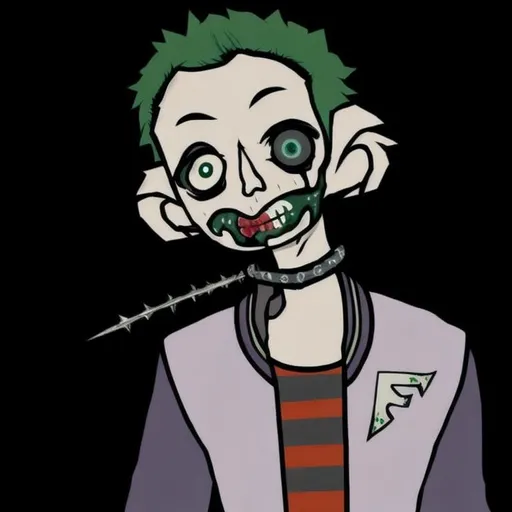 Prompt: male green haired zombie with white skin, open wound on neck with blue blood dripping from it, wearing a school football logo jacket, a orange speedo, and a spiked collar