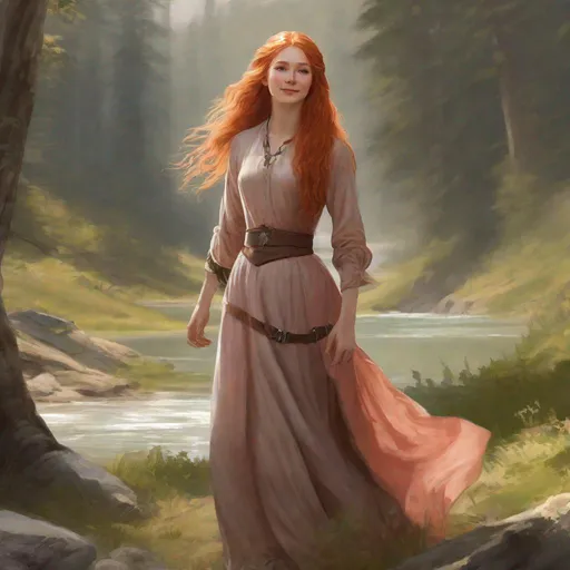 Prompt: full body portrait of a young ranger dressed modestly, beautiful and long, light red hair. She is wearing a dress, and looks dreamy. Epic painting