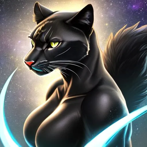 Prompt: Full-body detailed masterpiece, fantasy, high-res, quality upscaled image, perfect composition, subject of this image is a hot female bipedal panther, black fur, busty body, 18k composition, 16k, 2D image, cell shaded, thin torso, moonlight background, using a panther as the base body, panther head, long thin tail, 4 limbs, spread legs, rubbing massive chest