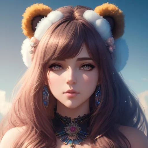 Prompt: A fluffy teddy bear human gorgeous woman hybrid, ;  teddy bear ears on her head, teddy bear fluff on her body, head and shoulders portrait, Unreal Engine 8k resolution concept art detailed matte painting by Greg Rutkowski Splash art gouache hyperdetailed intricately detailed WLOP warm colors photorealism digital illustration HDR earth art fantastical colorful magnificent fantasycore 8K 3D HDR Unreal Engine CryEngine