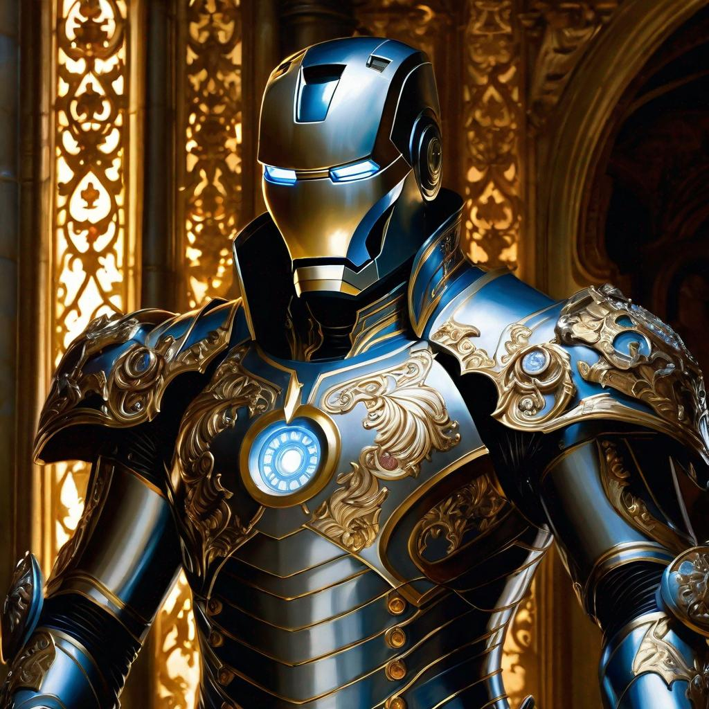 A holy iron man paladin made of a wrought iron full of delicate filigree and carvings with bluish li