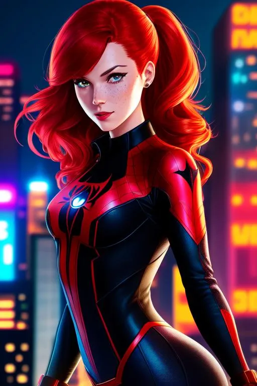 Prompt: Mary Jane Parker from Marvel Comics standing on a roof, red hair, wearing spider-girl suit, small chest, slender physique, side lighting, cyberpunk lighting, neon, symmetrical face, freckles 