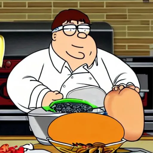 Prompt: Peter griffin cooking brian while crying
