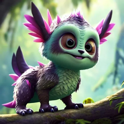 Prompt: small fantasy animal or creature. safe for kids. creature is a mix of a bird, a cat and a panda, and it is sitting in a softly lit forest. The creature has big anime style eyes and wings. The creature is cute and rendered in the style of Pixar or Dreamworks animation. 