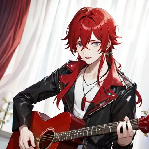 Prompt: Zerif 1male (Red side-swept hair covering his right eye) singing and playing the guitar in front of Haley
