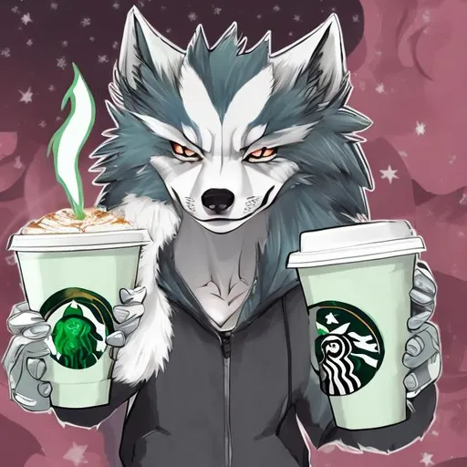 Prompt: an anime  wolf in star bucks with a  green tea