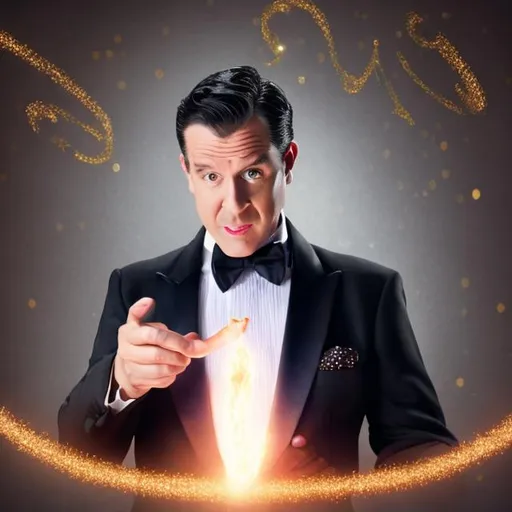 Prompt: Magician in a tuxedo casting a sparkly magic spell with his center thyroid 