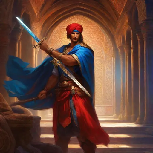 Prompt: temple cleric, healer, masculine, beautiful, handsome, fit, male body, with a red vest and a blue turban covering his head. He holds a curved sword and a shield. intricate, highly detailed, digital painting, extremely detailed. 1993 video game cover, rpg concept art, Magic the gathering, dark fantasy art. 