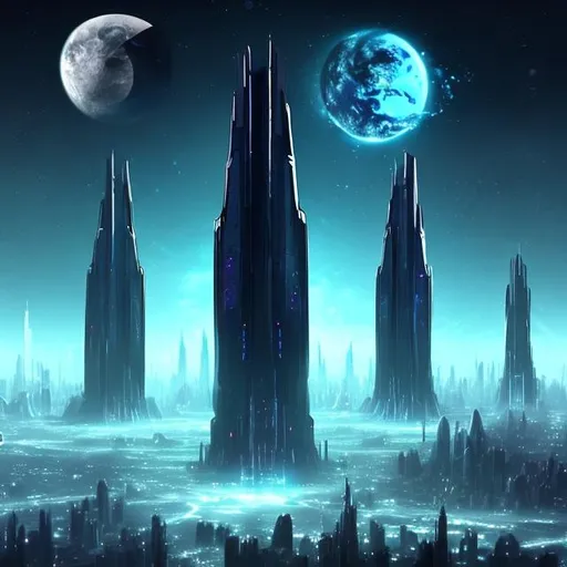 Prompt: Futuristic Tall black towers on deep dark ocean dark sky spaceships night lights hover ships dark tall city lots and lots of small floating ships hovering above clouds big planet with rings closeby spaceships hovering super tall mega skyscraper