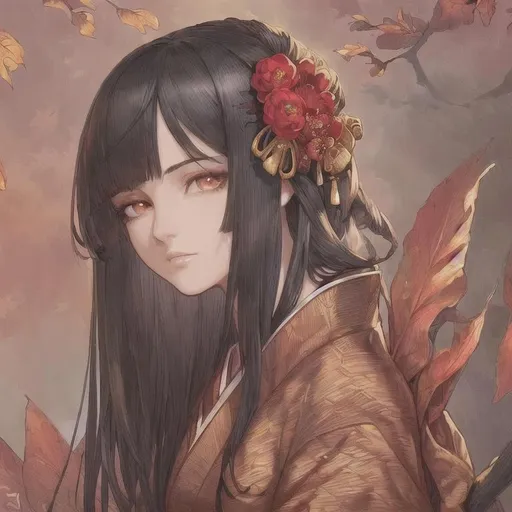 Prompt: masterpiece, illustration, best quality:1.2), 1girl, solo, black hair, dignfied, finely detailed, detailed face, toned face, beautiful detailed eyes, beautiful detailed shading, beautifully detailed background, fallen leaf, autumn, red kimono, flower hair ornament