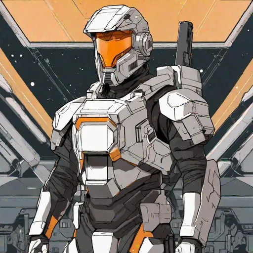 Prompt: Whole body. Full figure. A Kurita soldier from Battletech in scifi combat dress. He has a full helmet with a scifi triangular visor covering his face. Black armor. Silver details. . In background a space base. Anime art. Rpg. Anime style. Akira art. 2d art. 2d. Well draw face. Detailed. Whole figure. Full body. 