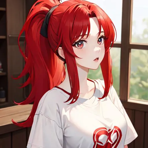 Prompt: Haley as a horse girl with bright red hair pulled back, UHD, highly detailed, wearing a t-shirt