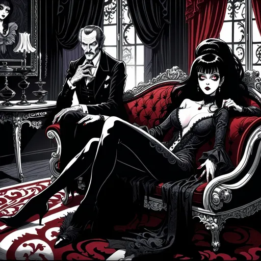 Prompt: Junji Ito manga style Black and White, Elvira Mistress of the Dark lying on her side on a Chaise Lounge with Vincent Price next her), baroque style, dark color scheme, elegantly gothic attire, intricate details, dim lighting, dramatic shadows, opulent background, luxurious textures, ornate furniture, deep reds and blacks, baroque patterns, solemn atmosphere, rich color tones, dark romanticism, ultra-detailed, 4K, photorealistic masterpiece, timeless elegance.