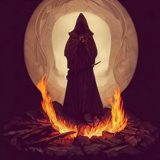 Prompt: portrait of a stunningly beautiful campfire, highly detailed, 3 5 mm photo, artstation, concept art, sharp focus, 2 8 mm macro photo, art by artgerm and greg rutkowski and alphonse mucha, incredibly beautiful and symmetrical, incredibly detailed, award winning art, royal, campire, woman with no face in black robes with hood, faceless, campfire, orange eyes, glowing eyes, round hood, rounded hood, cleric surrounded by zombies, highly detailed, digital painting, artstation, concept art, smooth, sharp focus, illustration, art by artgerm and greg rutkowski and alphonse mucha and andrei riabovitchev