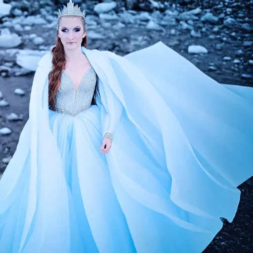 Prompt: Future ice queen dressed in a flowing ballgown 