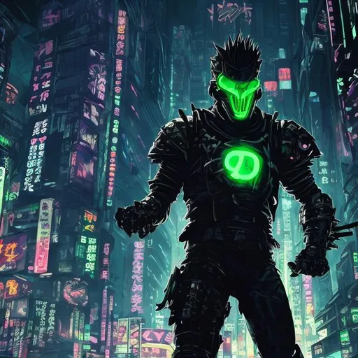 Prompt: Original villain.  Exaggerated Brawn. devious. Very Dark image with lots of shadows. Background partially destroyed neo Tokyo. Noir anime. Gritty. Dirty. Black with neon forest green accents. armour. Creepy mask. Bionic enhancements. Glowing evil symbol on chest. Axes in hands