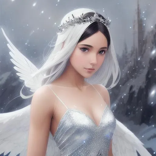 Prompt: Girl with  dark brown skin, lose white straight hair, clear silver eyes, wearing a silver glittering dress, and white wings, zoomed out, in a snowy landscape extremely detailed. Krenz Cushart + loish +gaston bussiere +craig mullins, j. c. leyendecker +Artgerm. 