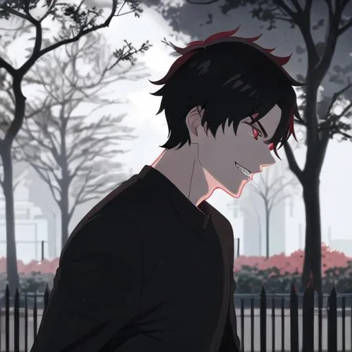 Prompt: Damien (male, short black hair, red eyes) in the park at night, grinning sadistically, casual outfit, dark out, nighttime