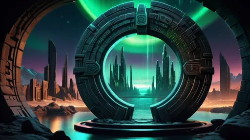 Prompt: magical portal between cities realms worlds kingdoms, circular portal, ring standing on edge, upright ring, freestanding ring, hieroglyphs on ring, complete ring, ancient aztec architecture, atlantis setting, aurora borealis, panoramic view, dark night, futuristic cyberpunk tech-noir setting