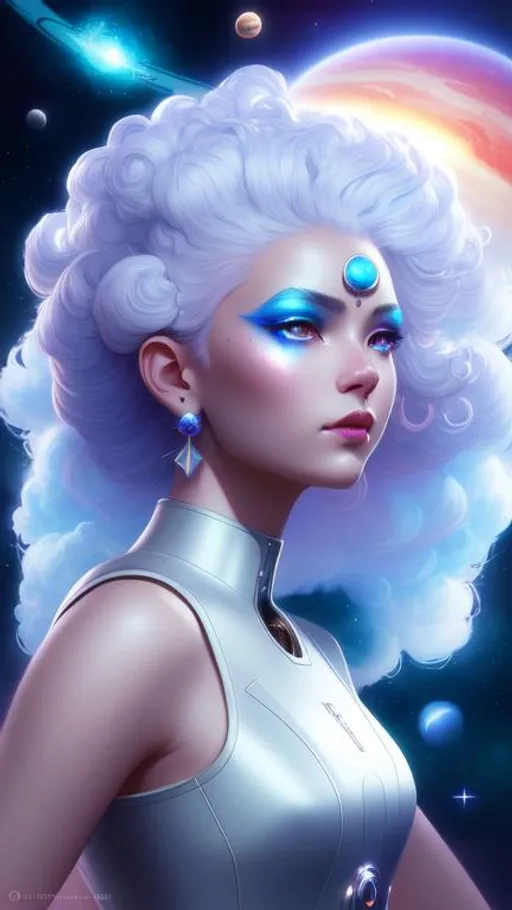 Prompt: beautiful cool girl with cosmic hairstyle. Her Hair is made of white puff glowing clouds in a updo held by glowing shooting stars, planets and the moon. dramatic lighting coming from the planets, aesthetic, inspiring, creative, hyperdetailed, rim lighting, art by artgerm , Peter mohrbacher, Greg rutkowaski, Tom Bagshaw, WLOP, digital art, smooth, aesthetic, glow, shimmer