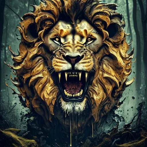 Prompt: a laughing terrifying lion in the woods: inkblot art by Alberto Seveso: James Jean: nekro:painting: high contrast: 3D: ultra-fine details: dramatic lighting: golden: sharp focus: splash art: professional photography: ZBrushCentral: finalRenderart: real Engine 5: Deep colours with luxury: depth of field: Trending on Art