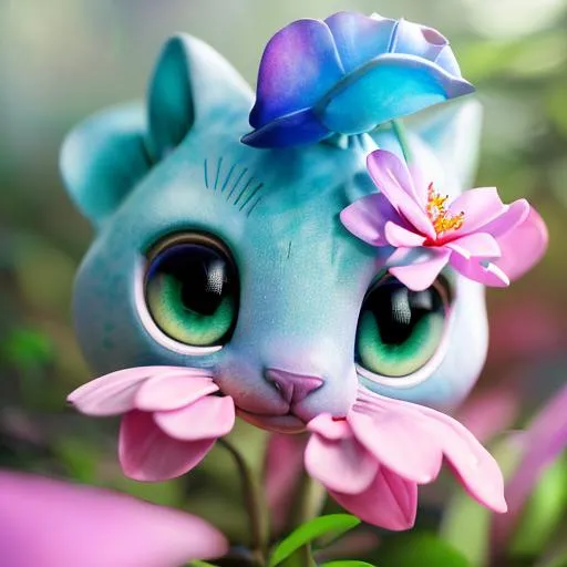 Prompt: Extremely Ultrarealistic Photorealistic cute creature holding a flower in a vast jungle, by James Jean and Android Jones: Jeff Koons: Erin Hanson: Joe Fenton: Dan Mumford: professional photography, natural lighting, volumetric lighting maximalist photoillustration 8k resolution concept art intricately detailed, complex, elegant, expansive, fantastical: