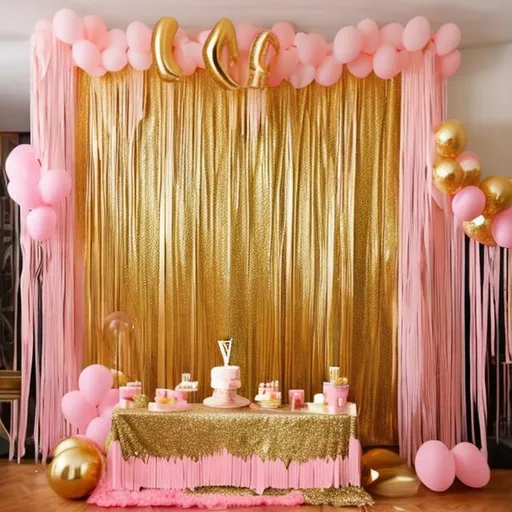 Prompt: Birthday party decorations using gold color fringe