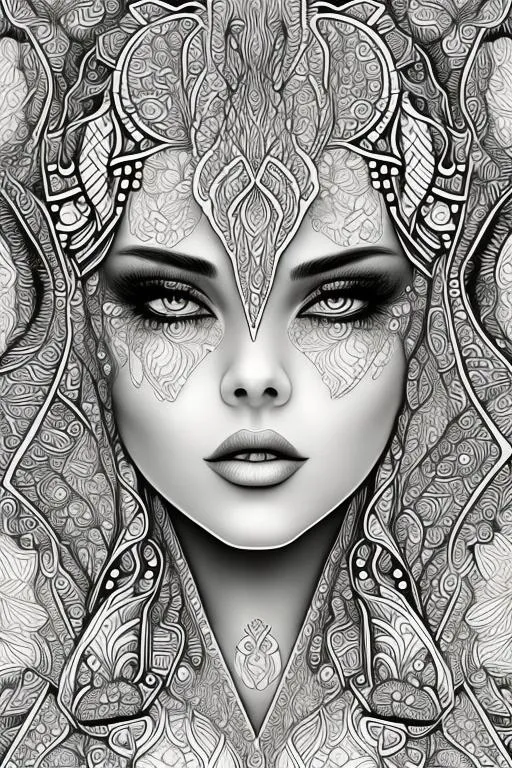 Prompt: coloring page , black and white of detailed beautiftul fantasy girl, swimming, clear facial features, symmetrical   smooth lines, beautfiful , dreamy, details, black and white, simple