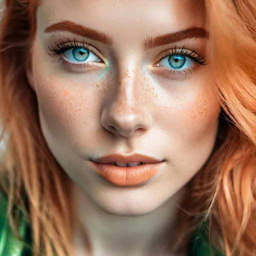 Prompt: I'm asking for a high-quality professional close-up photograph, centered on the detailed face of a young French woman with peach hair, freckles, and heterochromia - one eye blue, one eye green. She should be wearing a beige jacket, a low-cut tee-shirt, and a pair of torn short shorts while playing an electric guitar.

Her peach-colored hair should add a warm hue to the scene, bouncing off her freckled skin. The freckles, scattered across her cheeks and nose, should reflect a playful youthfulness. The element of intrigue lies in her eyes, one green and one blue, a compelling testament to her unique character.

Her attire should reflect a casual, almost rebellious style. A beige jacket drapes over a low-cut tee-shirt, while torn short shorts lend an edgy feel to her ensemble. Each piece should appear lived-in, echoing the spontaneity of her character.

The focal point of the scene is her relationship with her electric guitar. Her fingers should be deftly positioned, mid-strum, exhibiting her command over the instrument. The guitar, with its glossy finish and intricate details, should reflect the ambient light in a stunningly realistic manner.

The backdrop should be a detailed blend of shadows and lights, the interplay creating a striking chiaroscuro that underscores the depth of the scene. This setting, paired with the realistic lighting, should add a sense of intimacy to the image.

This portrait should capture the essence of the young woman, her unique features, her style, and her passion for music, all within the backdrop of a vividly detailed and lit scene.