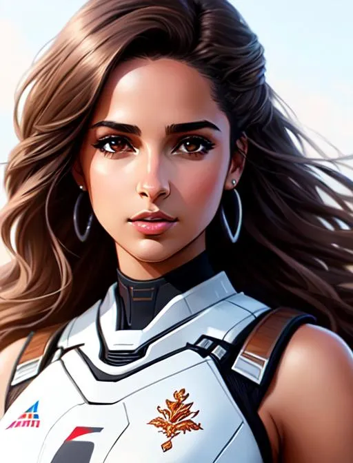 Prompt:  Naomi Scott in sword fight, pet dragon, sleeveless, brown hair, brown eyes, battlefield, ethereal, white mech suit, jewelry set balayage wild hair, royal vibe, highly detailed, digital painting, Trending on artstation , HD quality, tan skin,artgerm,  by Ilya Kuvshinov 