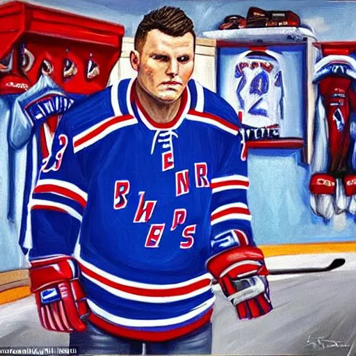 Prompt: Oil painting of Sean Avery smoking a blunt in the New York Rangers locker room while wearing full hockey gear