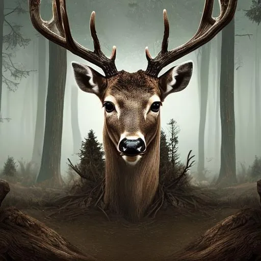 Prompt: deer with a human face, deer wearing full face mask with deer body, quadruped equine, endless forest game
