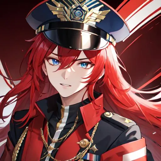 Prompt: Zerif 1male as a male police officer (Red side-swept hair covering his right eye)UHD, 8K, Highly detailed, insane detail, best quality, high quality, wearing a blue male police uniform, anime style