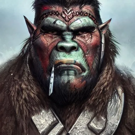 Prompt: Half-Orc war chief with tusks, plate mail, detailed contrast, deep focus, super adobe, detailed texture, aesthetics, photoshop, octane rendering, pinterest art, award-winning photography, world famous, high resolution, color correction, high art, no blur, photorealism, ultra quality