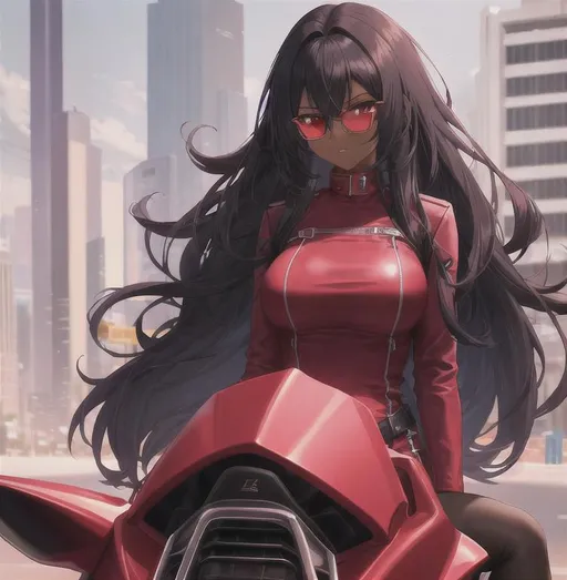 Prompt: dark skin, A girl with dark skin and red eyes with sunglasses on forehead, red long messy hair, standing in front of a motor bike, very tall and curvy. open biker jacket with crimson red bra, city background, playing with hair