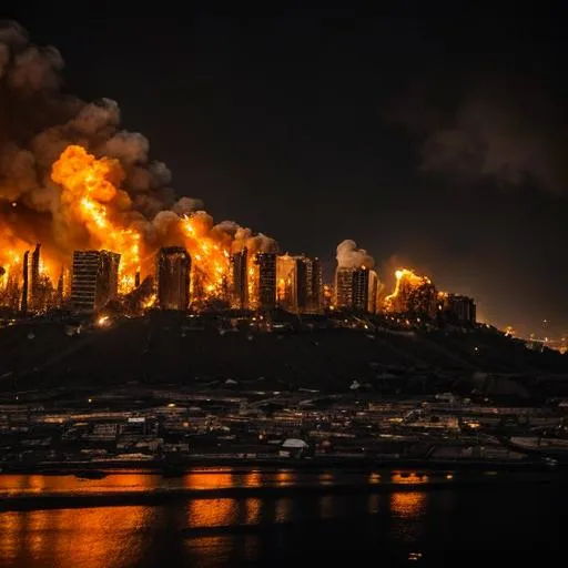 Prompt: City in war-torn destruction and overgrowth dramatic lighting cinematic shots of skulls in smoke and fire in the streets
 



