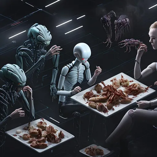 Prompt:  androids eating humans.  professional finished. pro look. chaos.  hoomans hybryd. bñue tones