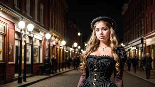 Prompt:  full figure, 18 year old whit pretty and young cute face .hangry face, , wear a steampunk Victorian dress, she is at a night in a victoria city street,  city ligt, pretty and young face. 