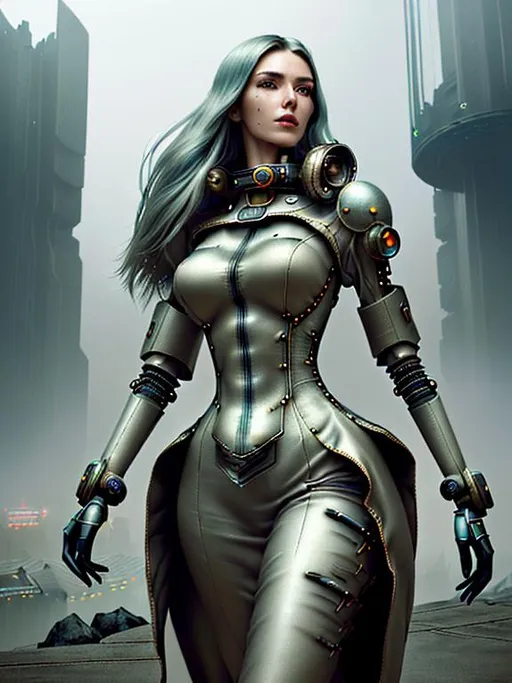 Prompt: Realistic futuristic dystopian city landscape, heavy mist, at the edge of a mountain, with a large time portal on the ground,

Depicting a female Steampunk High Fantasy Time Keeper, an exquisite portrayal of an exotic, gorgeous, slender, ultra realistic young adult woman, wearing a heavy iron collar,

Gorgeous perfectly detailed facial features, long legs, vibrant sumptuous perfect body, ultra pale, visible midriff, 

Perfect studio lighting, perfect shading, Professional Photo Realistic Image, RAW, artstation, splash style dark fractal paint, contour, hyper detailed, intricately detailed, unreal engine, fantastical, intricate detail, steam screen, complimentary colors, fantasy concept art, 64k resolution, deviantart masterpiece, splash arts, ultra details Ultra realistic, hi res, UHD, 64k, 3D rendering.