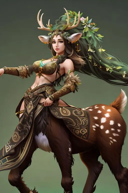 Prompt: Hyperdetailed female druid, deer-lower-body, four legs, human face, human-upper-body, cervitaur,

Hyperdetailed clothing,

Soft lighting, studio background