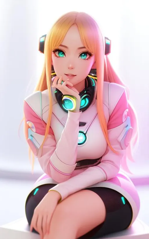 Prompt: Anime style, a portrait of insane beautifull smiled young woman in futuristic room with futuristic monitors, turquoise eyes with circle iris, yellow long skirt, sci fi, futuristic room in the background, sunny, aura, octane render, Unreal Engine 5, Cinematic, Color Grading, portrait Photography, Bokeh, Ultra-Wide Angle, Depth of Field, hyper-detailed, insane details, Photoshoot, Shot on 70mm lens, Tilt Blur, Shutter Speed 1/1000, F/22And, by aderek, by Pawel Tomczuk 