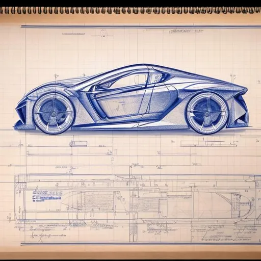 Prompt: highly detailed blueprint draft paper using the golden ratio to design a hydrogen compact concept car 2 seater for the year 2030 by Acura