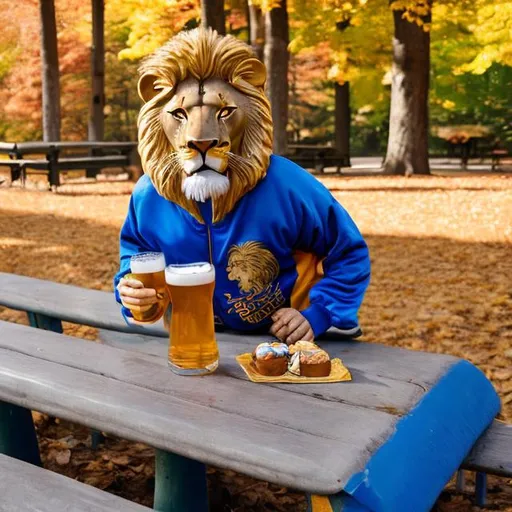 Prompt: happy lion about to drink from a pint of beer wearing a gold and royal blue track suit at a picnic table in a park with fall foliage