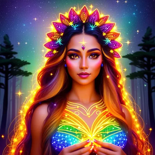 Prompt: Full body image of a beautiful woman, deep tan skin, forest spirit, intricate multicolored hair, long straight hair, ethereal, luminous, fireflies, stars, glowing, trails of light, sparkles, 3D lighting, vaporwave, celestial, movie poster, fantasy
