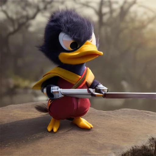 Prompt: Create a character of a hyper realistic ninja duck, like a Donald Duck, with mask and ninja outfit, holding a sword