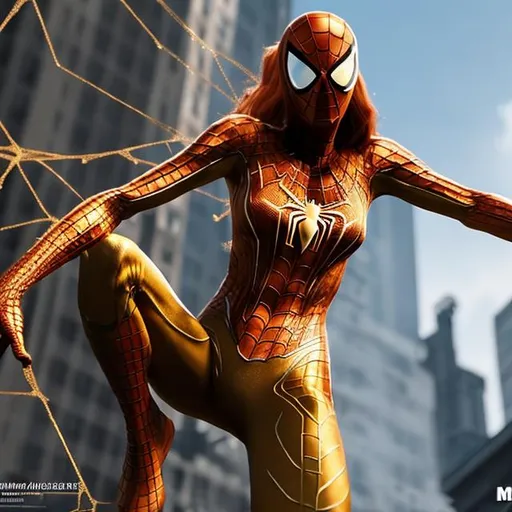 Prompt: Hghly detailed Mary janne with longest red hair unreal engine 5 Wearing a golden spider man suit and fighting a war